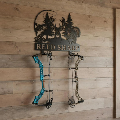 Personalized Bowhunting with Name, Deer Turkey & Bass Fishing Metal Art Decor, Gift for Hunter