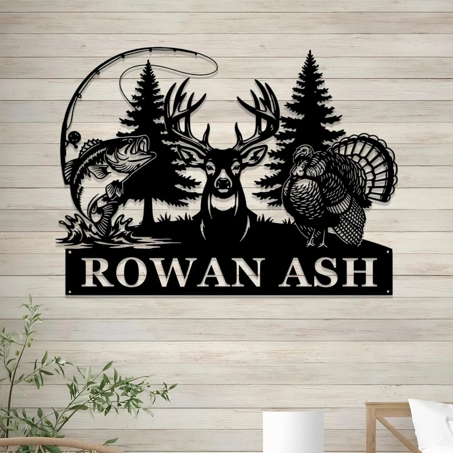 Personalized Bowhunting with Name, Deer Turkey & Bass Fishing Metal Art Decor, Gift for Hunter
