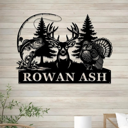 Personalized Bowhunting with Name, Deer Turkey & Bass Fishing Metal Art Decor, Gift for Hunter