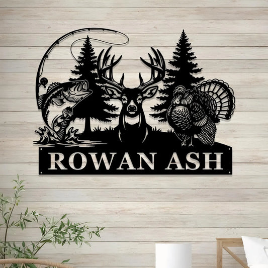 Personalized Bowhunting with Name, Deer Turkey & Bass Fishing Metal Art Decor, Gift for Hunter