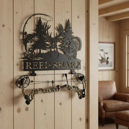 Personalized Bowhunting with Name, Deer Turkey & Bass Fishing Metal Art Decor, Gift for Hunter