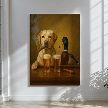 Funny Dog and Duck Beer Painting canvas– Hunting Cabin Wall Art for Men Cave Decor