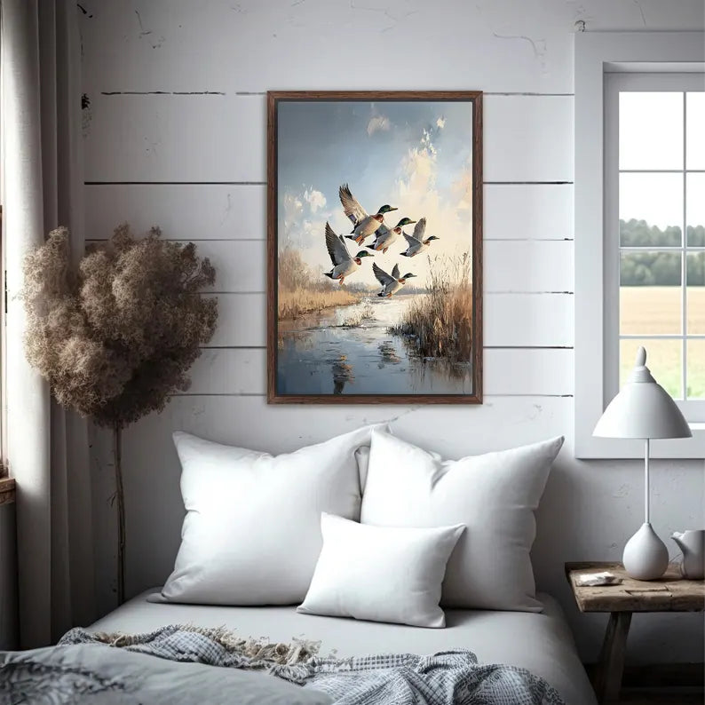 Mallard Ducks in Flight Framed Canvas Wall Art Decor