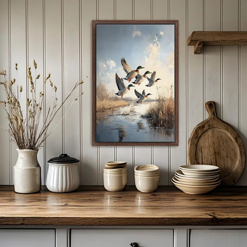 Mallard Ducks in Flight Framed Canvas Wall Art Decor