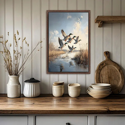 Mallard Ducks in Flight Framed Canvas Wall Art Decor