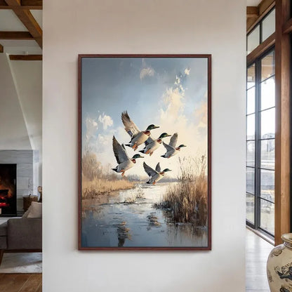 Mallard Ducks in Flight Framed Canvas Wall Art Decor