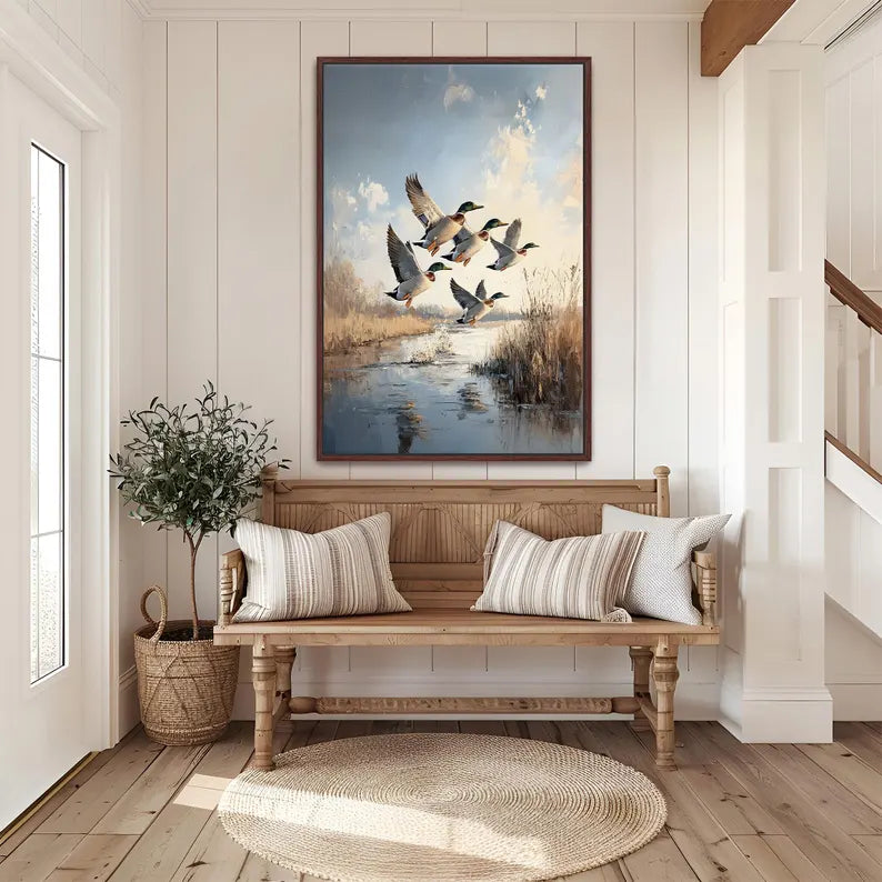 Mallard Ducks in Flight Framed Canvas Wall Art Decor