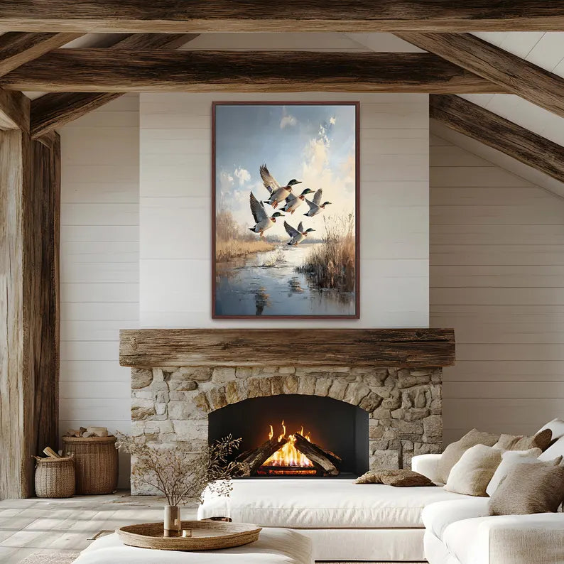 Mallard Ducks in Flight Framed Canvas Wall Art Decor