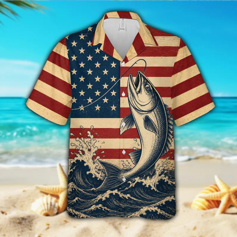 Fish Jumping American Flag Polo Shirt VCP1046