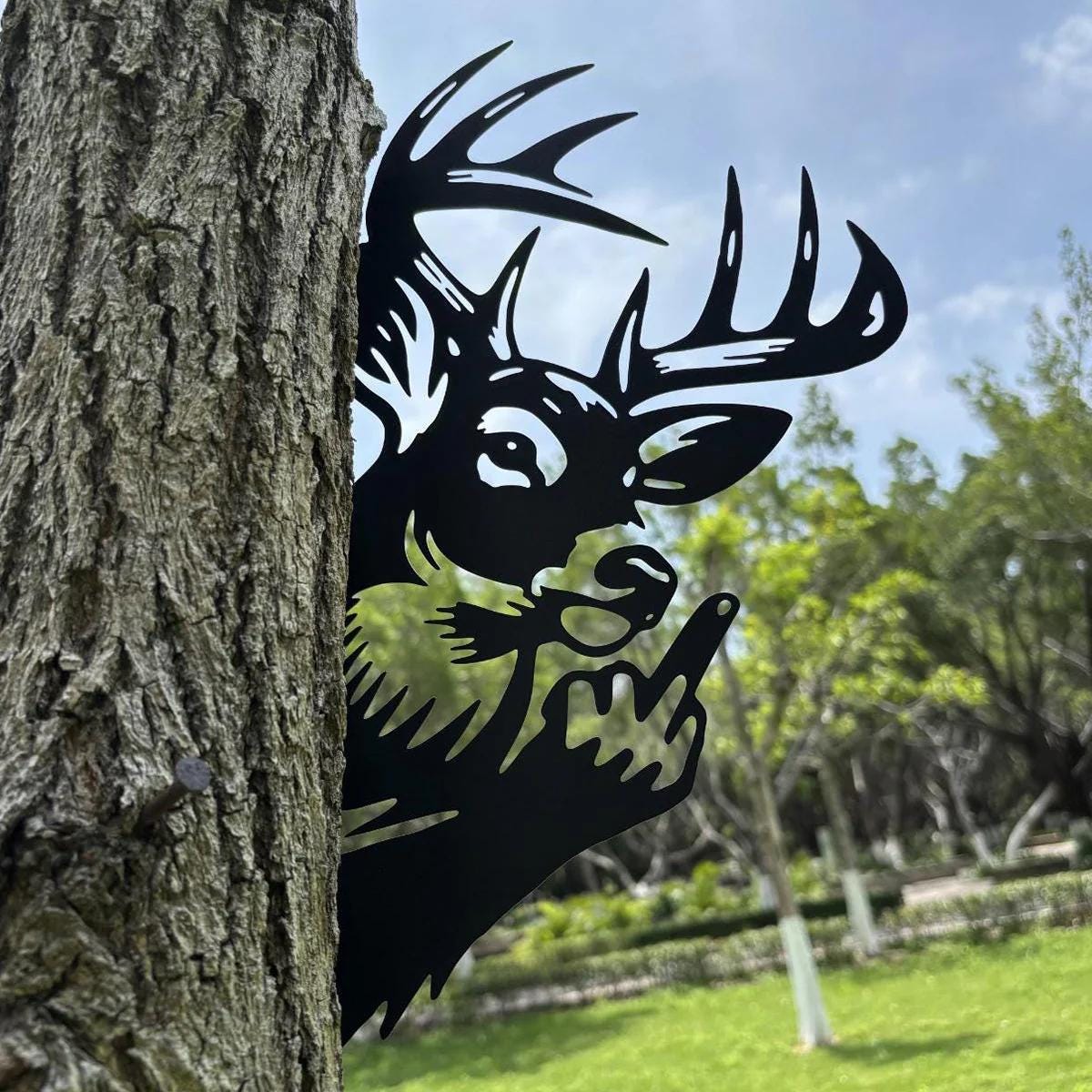Peeping Deer Funny Finger Metal Sign Peek-A-Boo Flipping Off Deer Outdoor Deer Hunting Lover Camping Cabin Decor