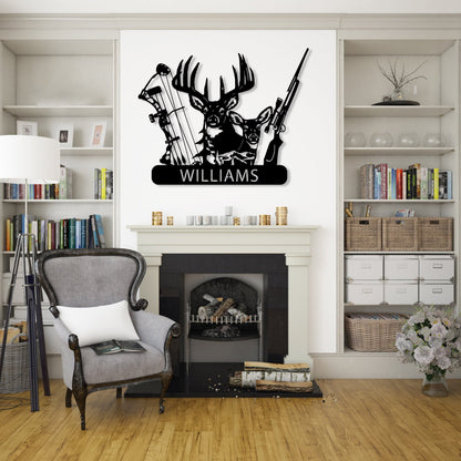 Personalized Deer Hunter Metal Wall Art, Custom Name Bow and Hunting Rifle Sign