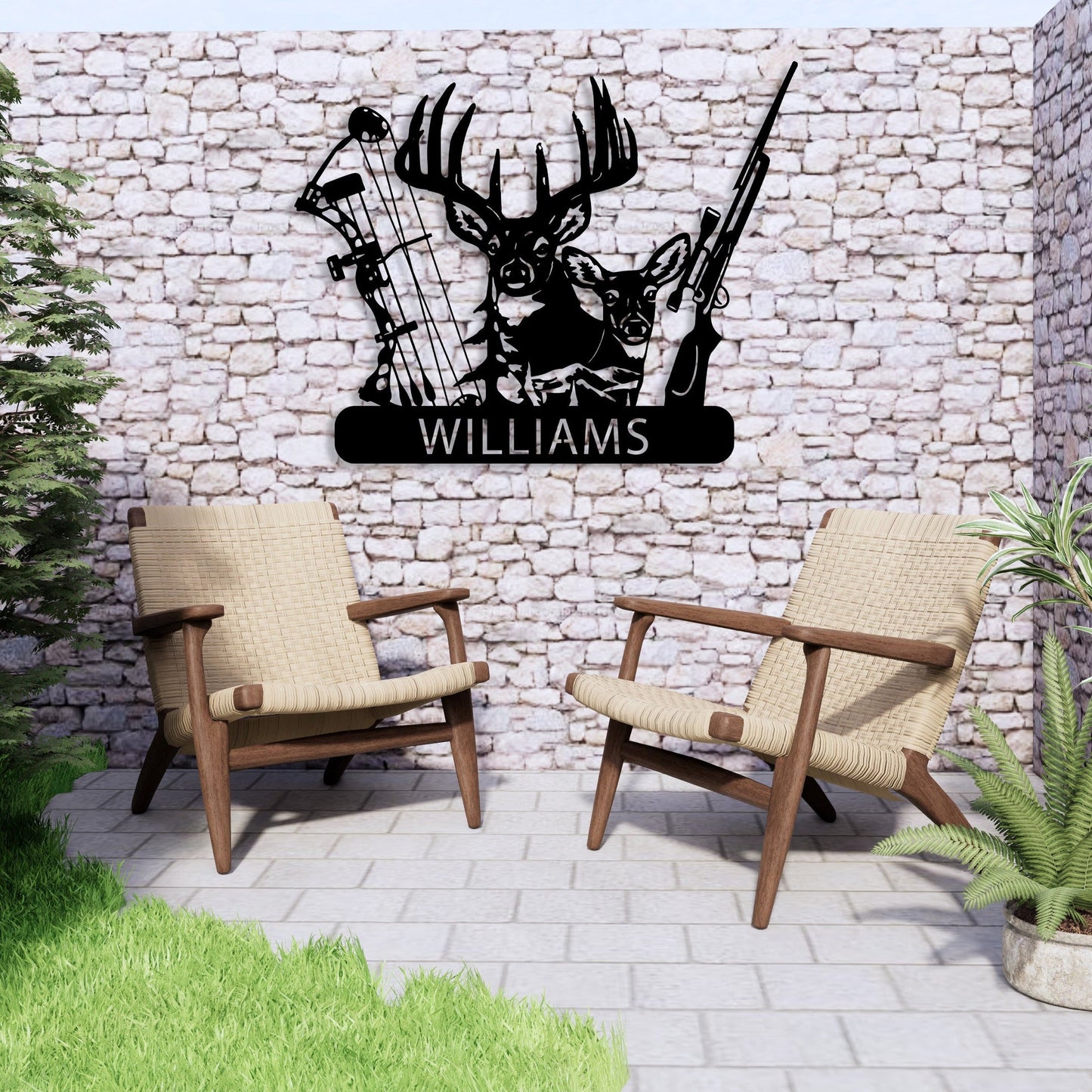 Personalized Deer Hunter Metal Wall Art, Custom Name Bow and Hunting Rifle Sign