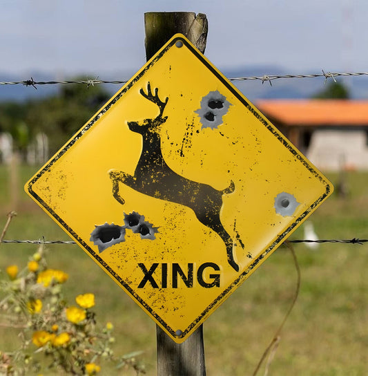 Funny Deer Crossing Metal Sign with Bullet Holes, Rustic Hunter Decor, Vintage Yellow Road Sign for Cabin Garage or Man Cave