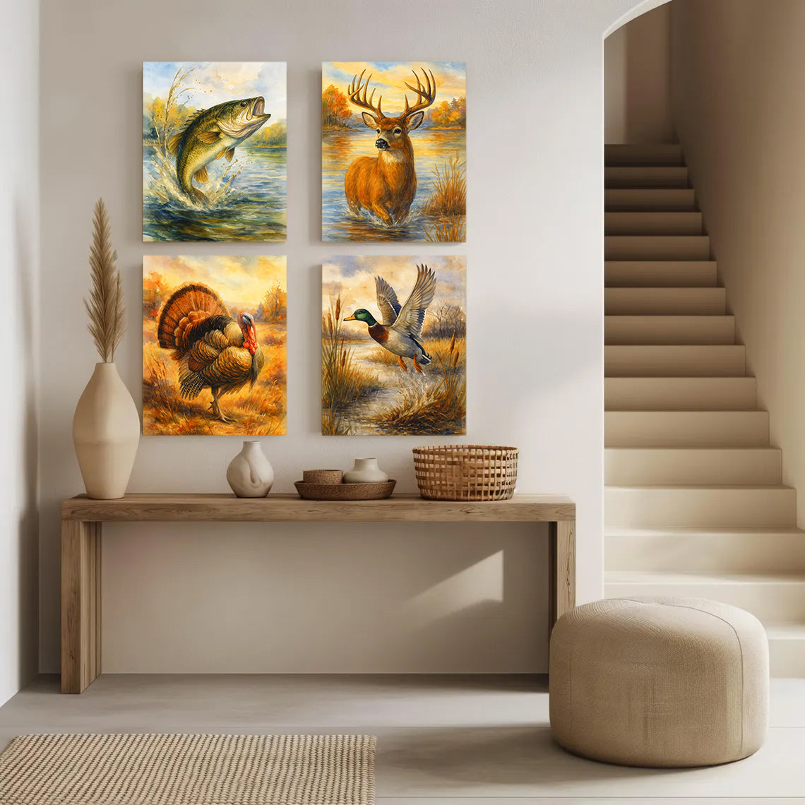 Set of 4 Hunting & Wildlife Canvas Wall Art – Bass, Deer, Turkey & Mallard