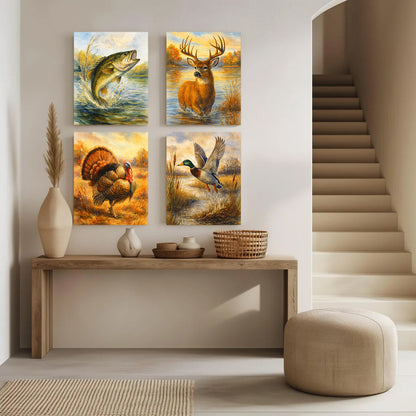 Set of 4 Hunting & Wildlife Canvas Wall Art – Bass, Deer, Turkey & Mallard