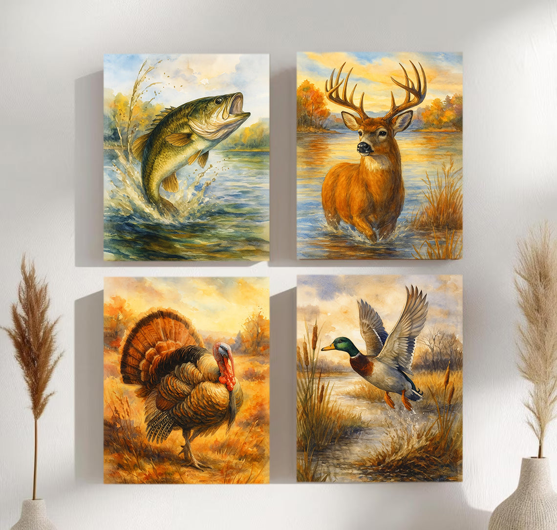 Set of 4 Hunting & Wildlife Canvas Wall Art – Bass, Deer, Turkey & Mallard