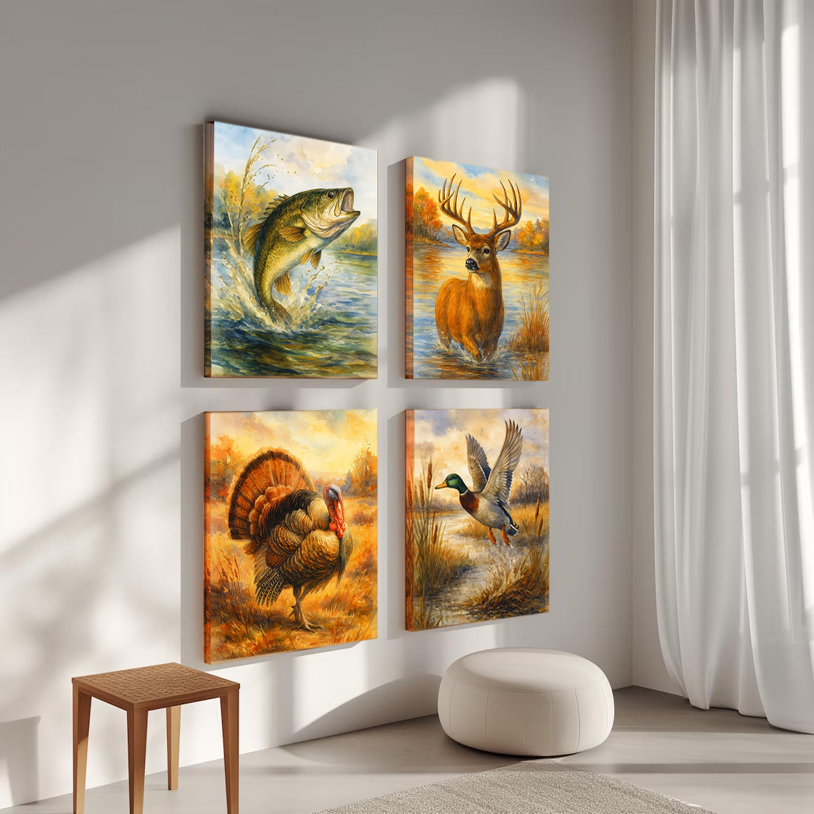 Set of 4 Hunting & Wildlife Canvas Wall Art – Bass, Deer, Turkey & Mallard