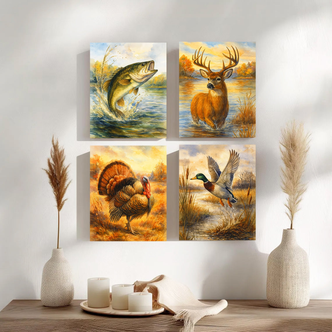 Set of 4 Hunting & Wildlife Canvas Wall Art – Bass, Deer, Turkey & Mallard