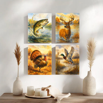 Set of 4 Hunting & Wildlife Canvas Wall Art – Bass, Deer, Turkey & Mallard