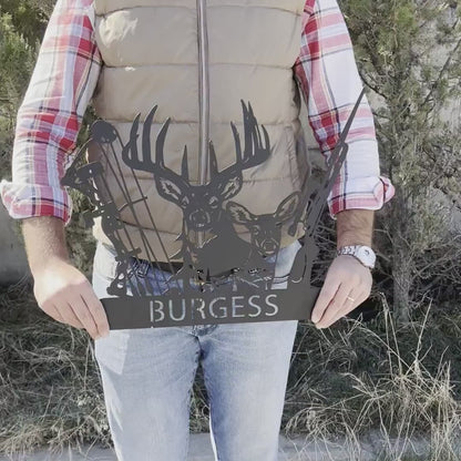 Personalized Deer Hunter Metal Wall Art, Custom Name Bow and Hunting Rifle Sign