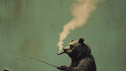 Bear Smoking Fishing Framed Canvas