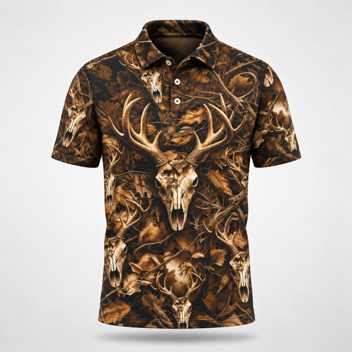 Deer Hunting Brown Camo Polo Hawaiian Shirt VCP1033